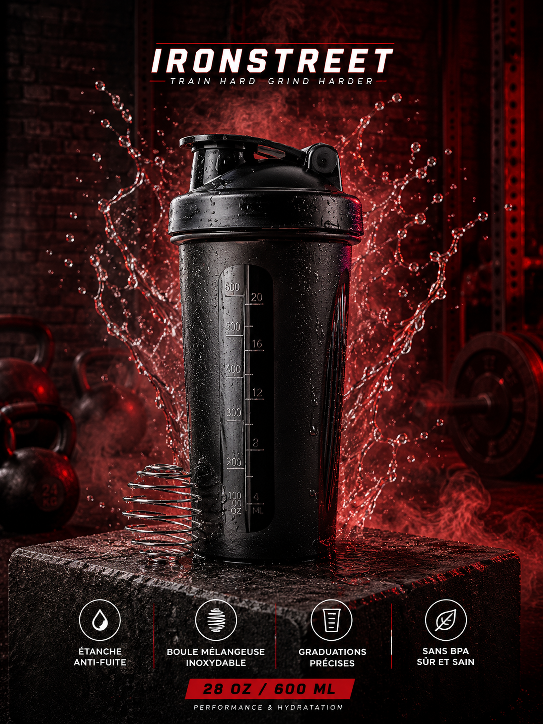 Shaker Protéiné 600ml — Bille Mélangeur & Bec Verseur Étanche