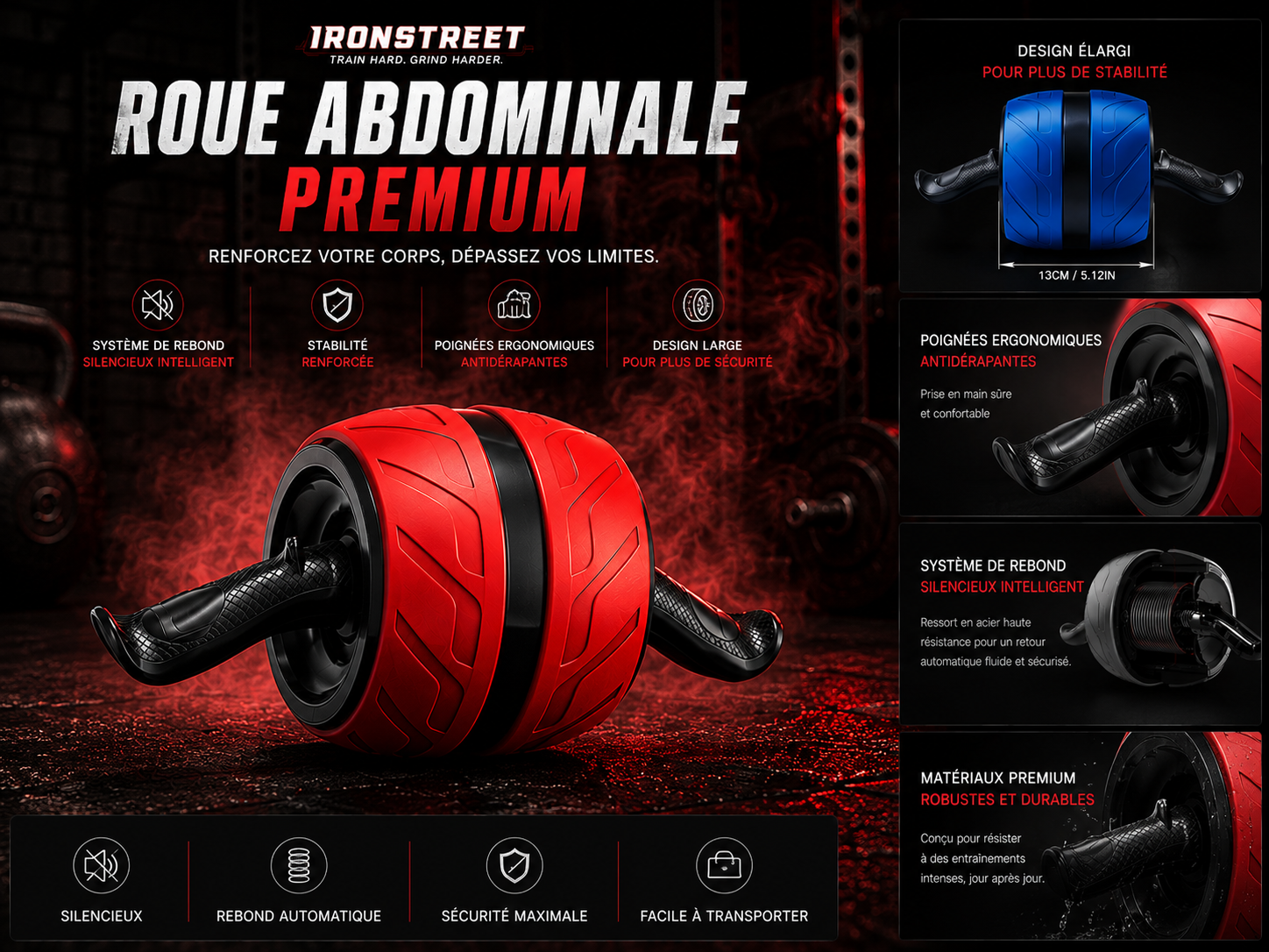 Rouleau Abdo Rebond Pro — Roue Abdominale avec Tapis Genoux